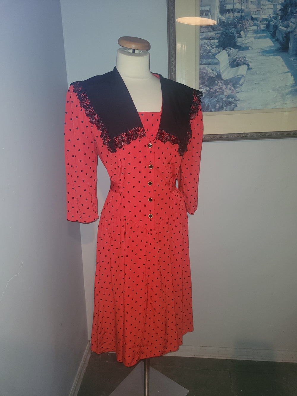 Red Polka Dot Midi Dress with Black Lace Collar